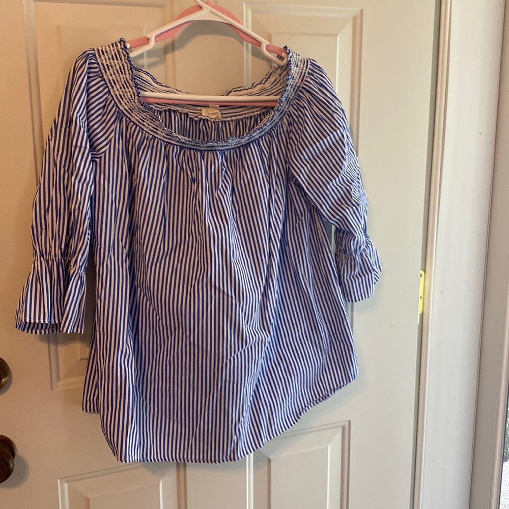 Blue and white striped, off the shoulder top!